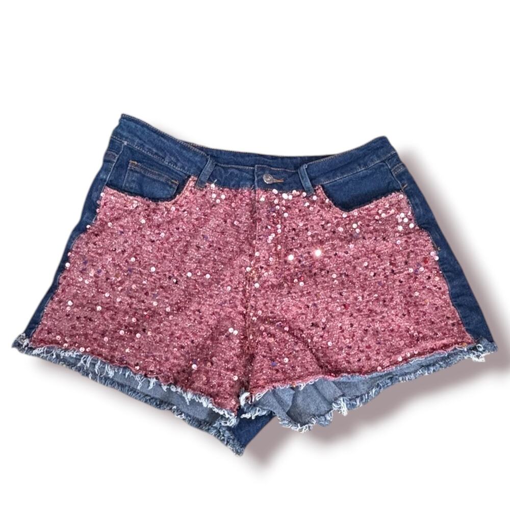 Pink Sequin Denim Cutoff Shorts Plus Size Festival Concert Glam Statement Piece